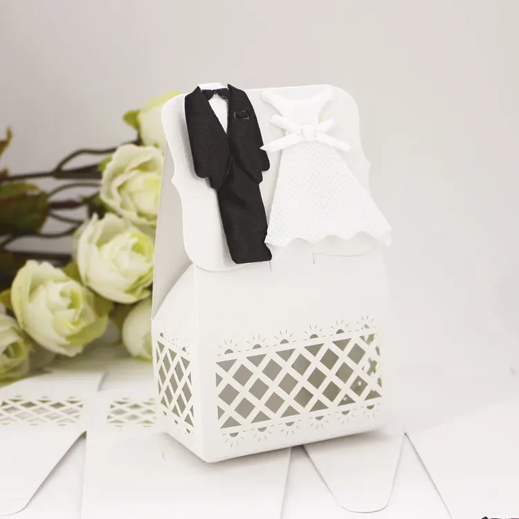 Wholesale Hot Sale White Beige Bride Groom Tuxedo Dress Gown Wedding Decoration Favors Candy Gift Box