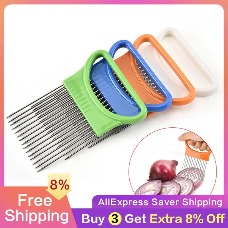 Stainless Steel Onion Needle Onion Fork Vegetables Cutting Safe Aid Holder Fruit Slicer Tomato Cutter Kitchen Accessories Tools