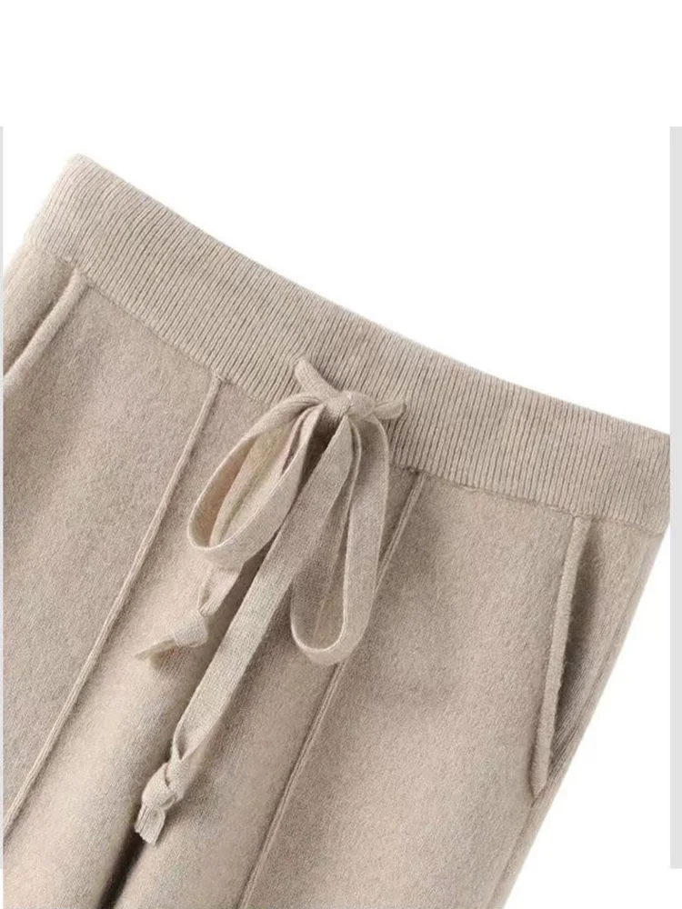 Calça feminina de malha de cintura alta, 100% lã, fina, elástica, macia, confortável, espessamento, feminina, outono, inverno, nova