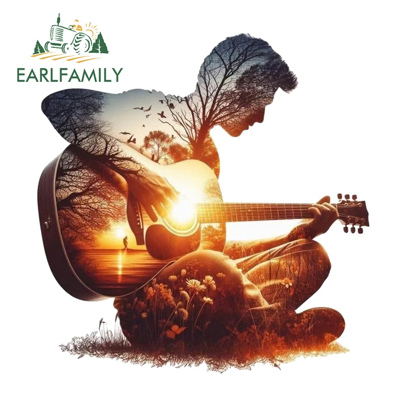 EARLFAMILY Fantasy Guitar Theme Car Stickers Beautiful Landscape Silhouettes Helmet Decals Waterproof Vinyl Car Door Protector
