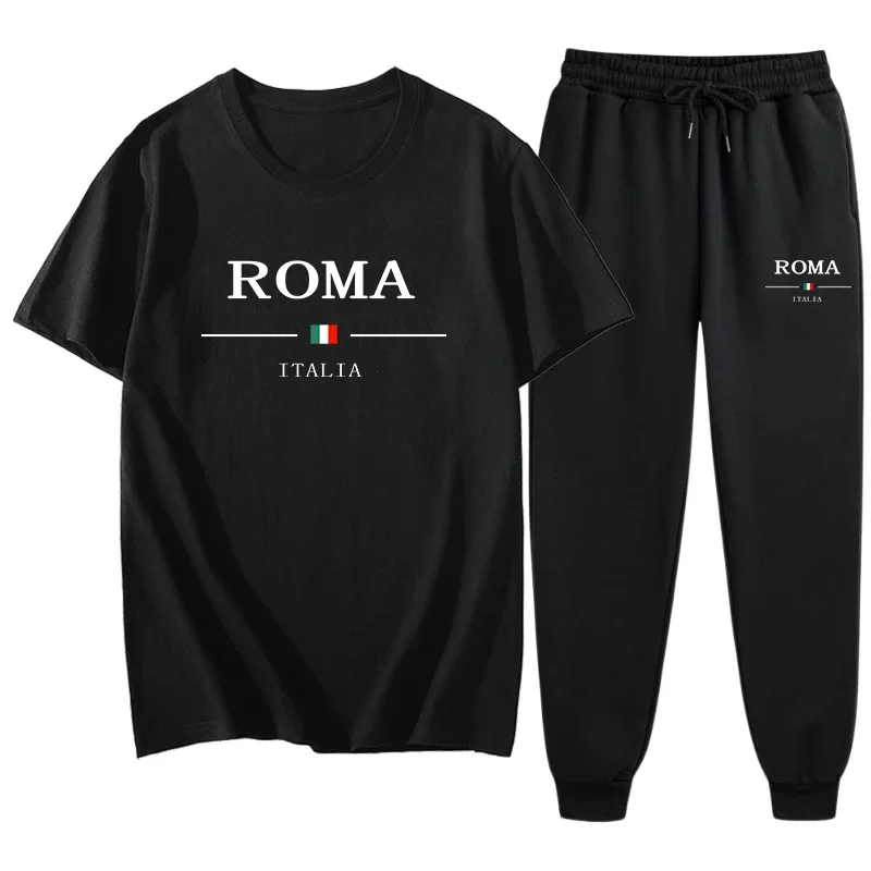 

Newes Mens Fashion Streetwear Roma City Printed T-shirts and Sweatpants High Quality Male Daily Casual Sport Summer Jogging Suit