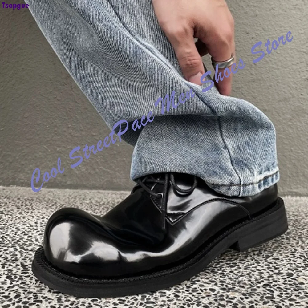 Men Black Shiny Leather Big Round Toe Men Shoes Full Lace Up Thick Platform Sole Street Casual Dress Shoes Streetwear Office