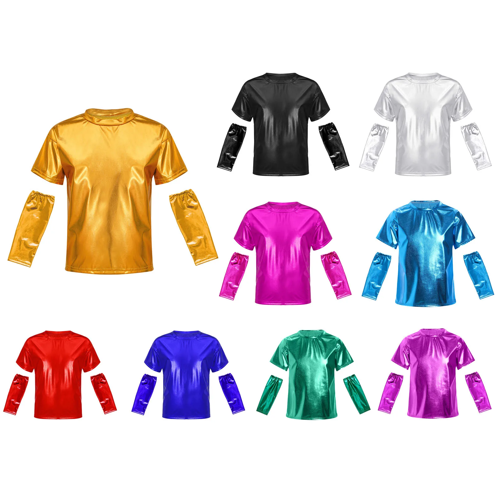 Bambini Ragazze Ragazzi Jazz Dance Streetwear Party Stage Performance Top T-shirt girocollo a maniche corte metallizzata lucida con guanti