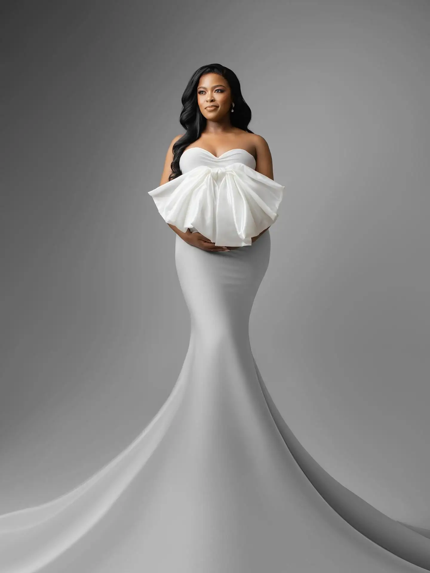 أنيقة حمالة دنة فساتين الأمومة مع القوس الكبير جميلة الكشكشة حورية البحر فستان الحمل النساء تبادل لاطلاق النار فساتين لحضور الحفلات الموسيقية