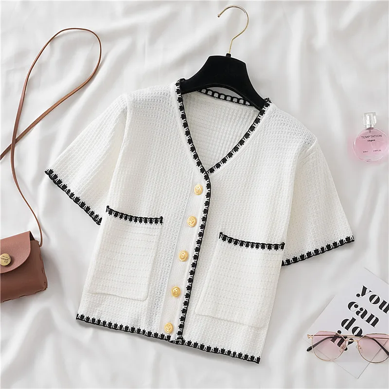 Knitted Sweater Women\'s 2024 Spring Autumn New Slim  V-neck   Long Sleeved Short jacket Trendy All-Matched Single Breasted Top