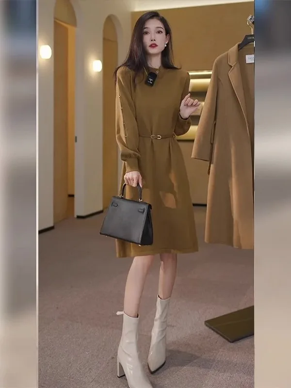 

plus Size Commuter Sle Knitted Dr Autumn Winter Plump MM Slimming High Waist A-Line Dr Long Sve Mid-Length Skirt