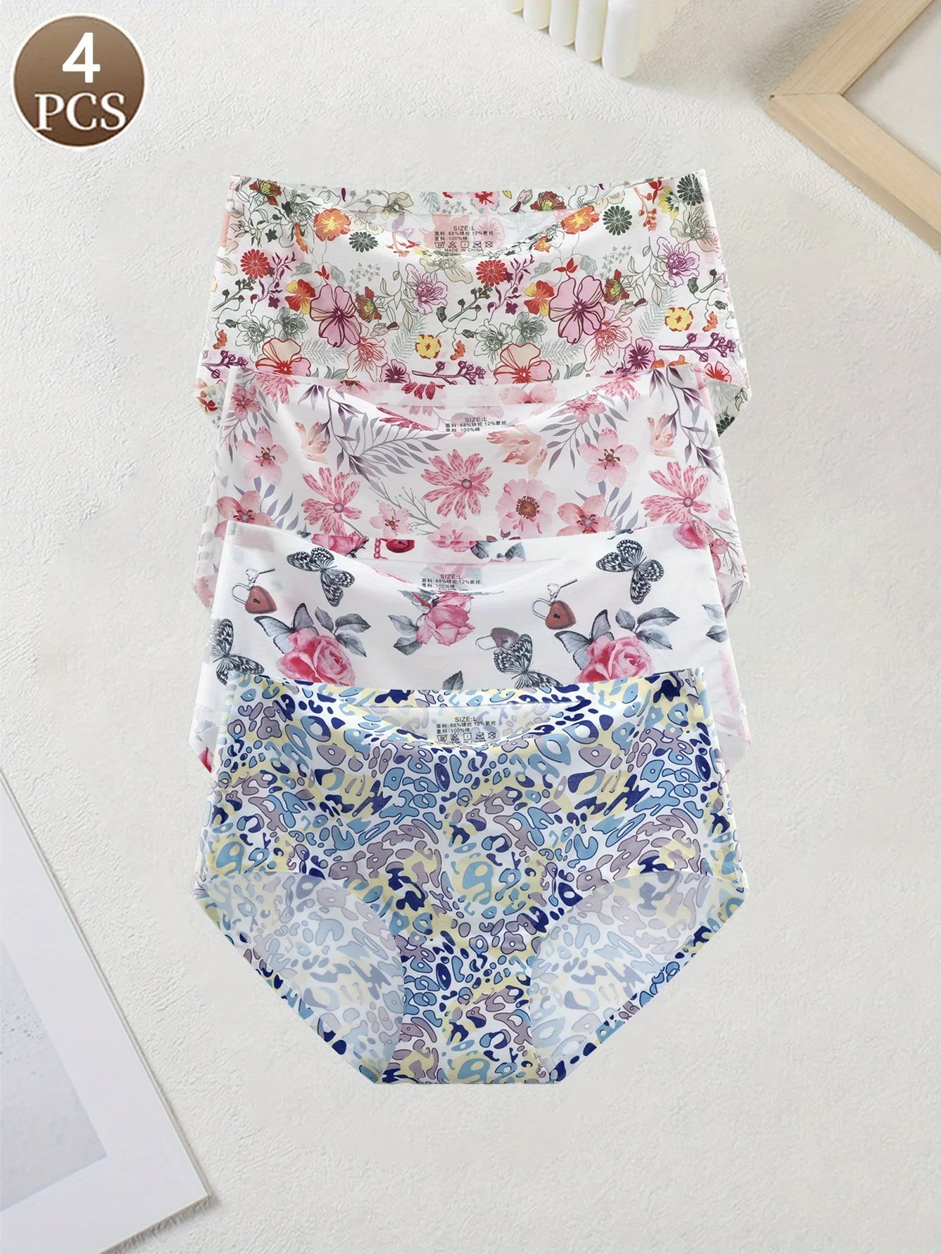 4 Stück bedruckte süße Mädchen, lässig und bequem, minimalistisch, normal, Damen, mittlere Taille, nahtlos, atmungsaktiv, Hüftheben, Eisseide, Br