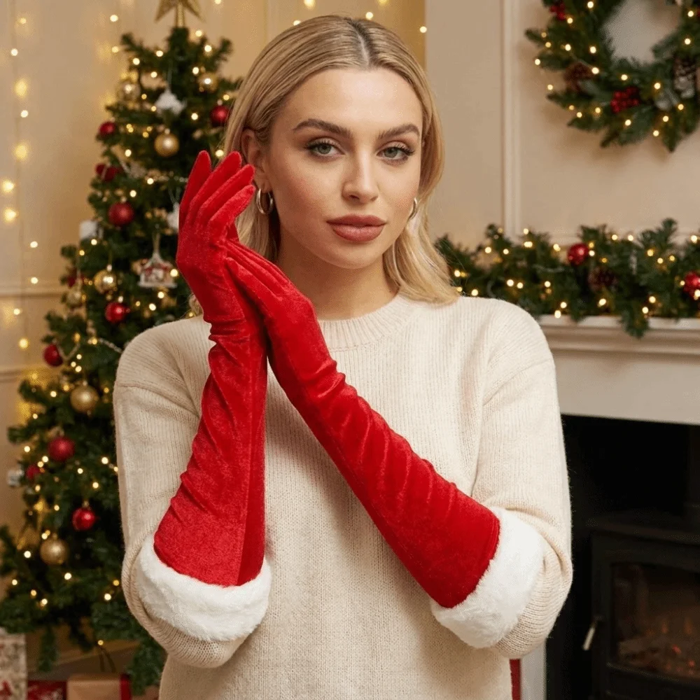 Red Plush Christmas Gloves Elastic Warm Velvet Long Gloves White Furry Cuff Photography Props Etiquette Mittens Banquet