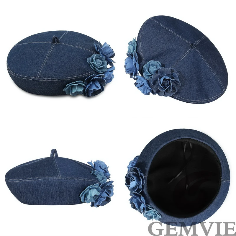 GEMVIE Flower Denim Beret Hats Spring Autumn Female Trendy Women Casual Cotton Painter Artist Caps