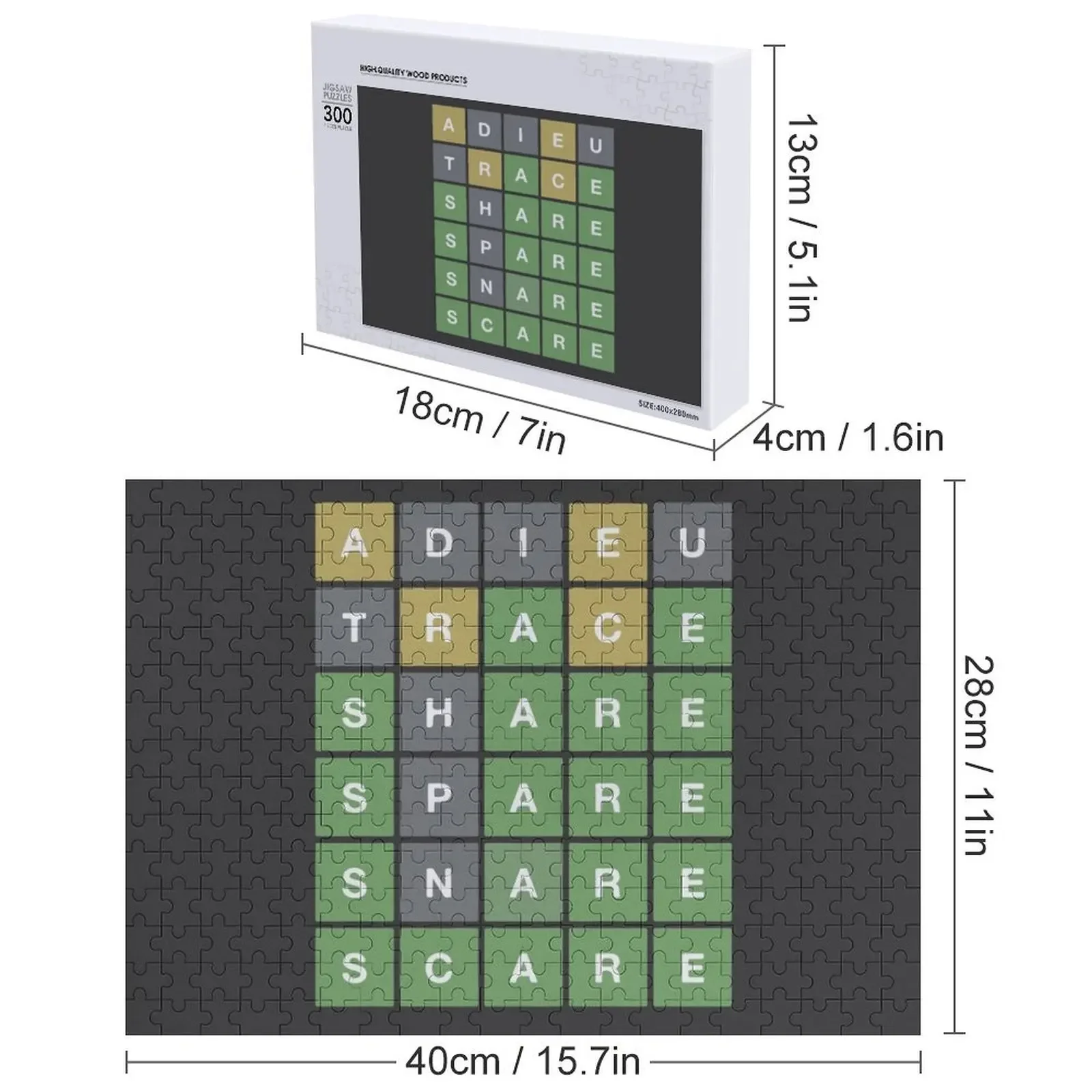 Desfrute com o jogo de quebra-cabeça Wordle - Adieu, Trace, Share, Spare, Snare, Assustar Quebra-cabeça Presentes personalizados Quebra-cabeça personalizado