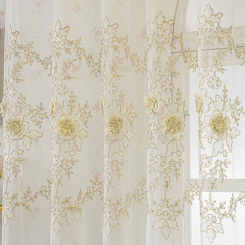 3D Embroidered Voile Curtain with Valance Golden Floral Lace Sheer Romantic European Style Ready-Made Window Drapes Living Room