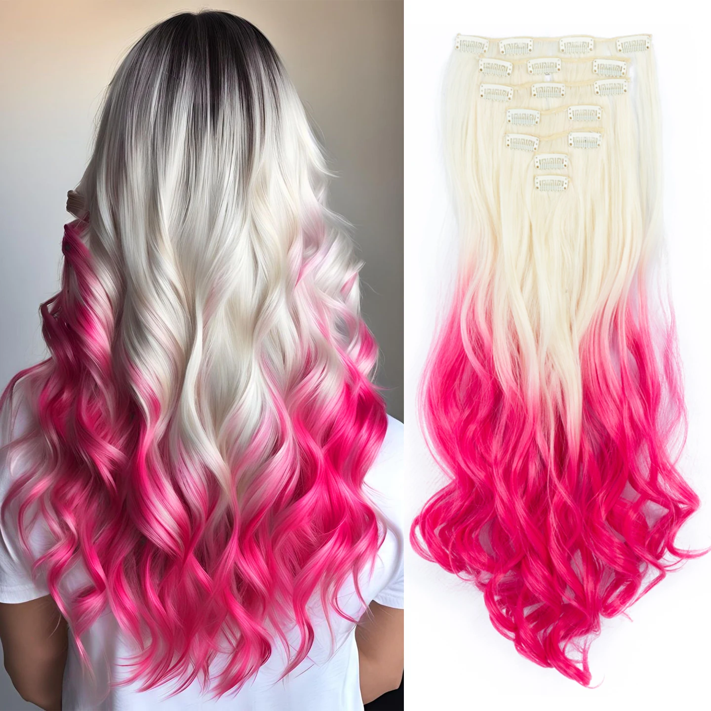 Clip in Long Wavy Synthetic Hair Extension 22 Inch 7PCS Thick Hairpieces Fiber Double Weft Hair for Women