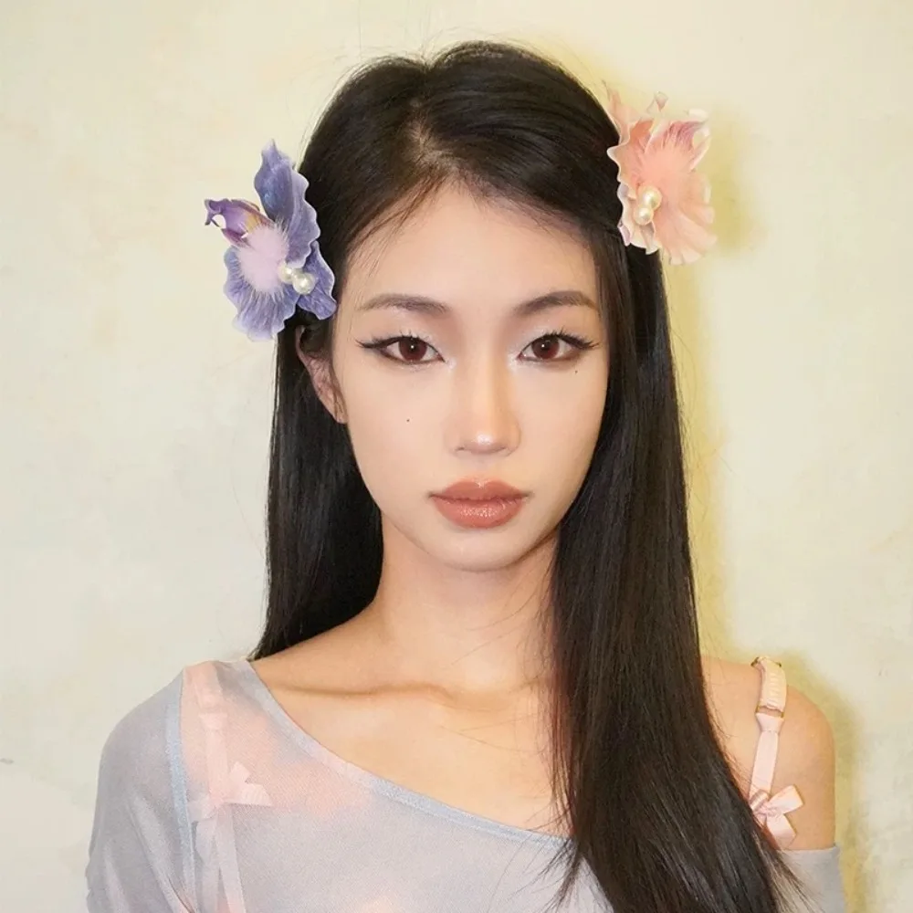 

Sweet Orchid Flower Hairpin Rhinestone Thai Style Butterfly Orchid Hair Clip Plush Ball Brooch Women Side Clip Beach