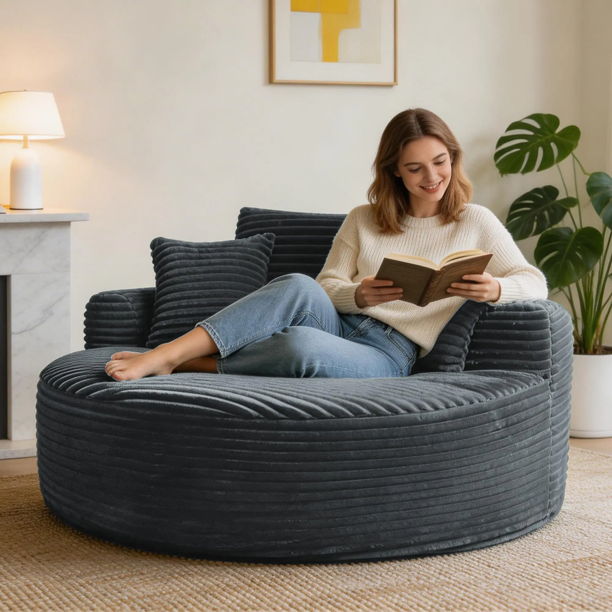 55 Inch Oversized Round Indoor Chair Upholstered Corduroy With 3 Pillows Deep Seat Cloud Circle Single Sofa For Living Room Gray