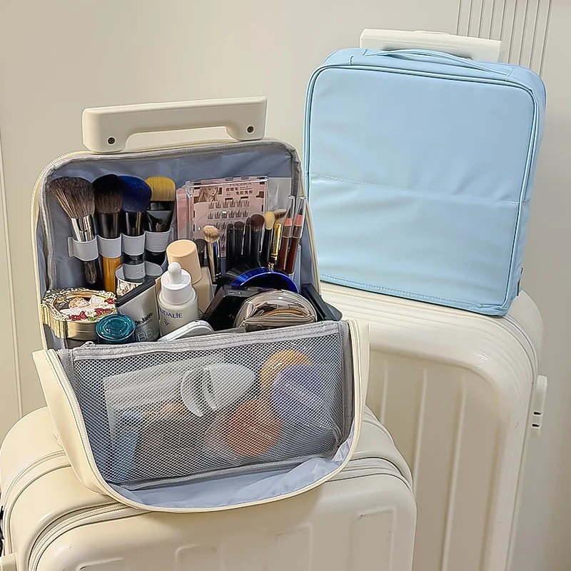 

Large Opening Travel Portable PU Makeup Bag with Adjustable Velcro Multi-layer Vertical Large Capacity Toiletry Storage Bag