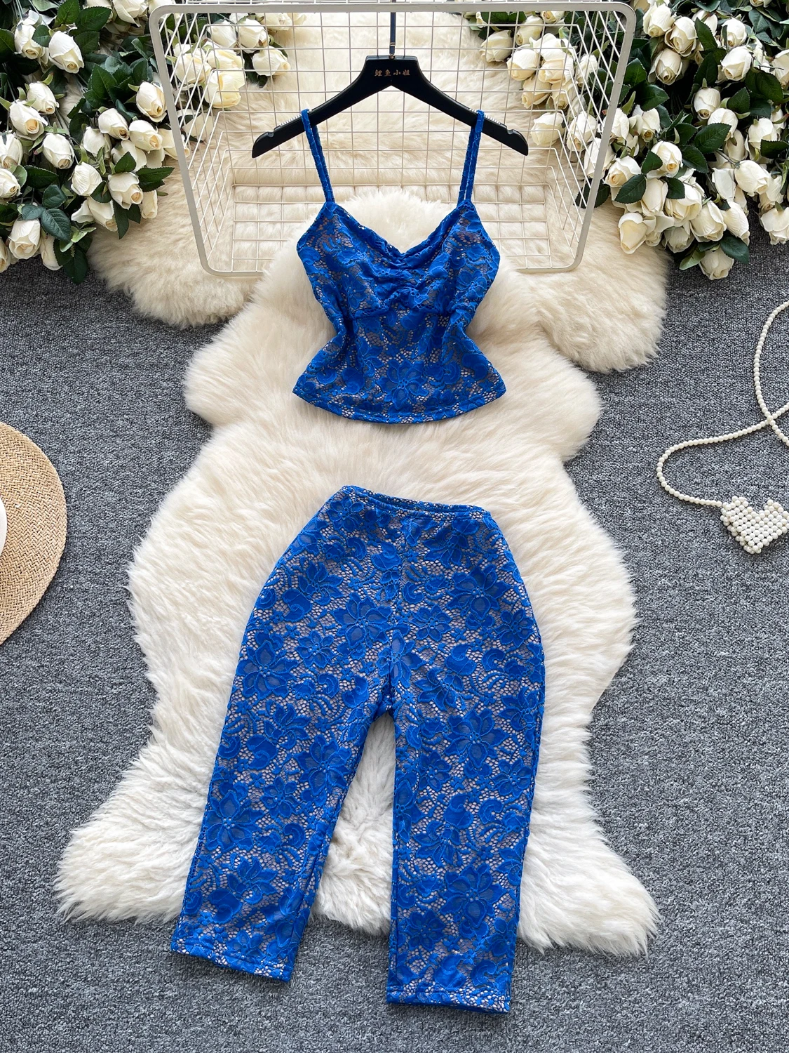 Ele Lace High Waist ort Pants Women's Summer Set Strapl Crop Top plus Long Sve V-Ne Two-Piece Faionable Outfit