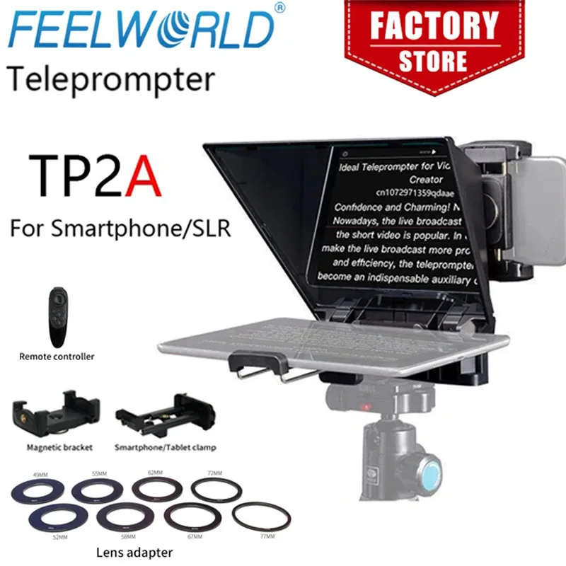 

FEELWORLD TP2A 8-inch Portable Teleprompter Supports up to 8" Smartphone/DSLR Shooting with Bluetooth Control Lens Adapter Rings