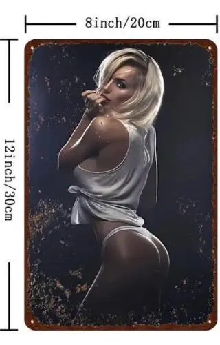 METAL TIN SIGN SEXY PIN UP GIRL IN WHITE BLOND SEDUCTIVE LOOK MAN CAVE BAR ART