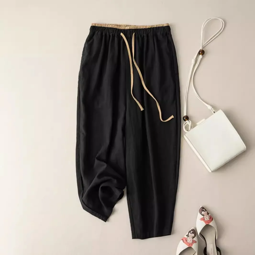 

XIZOU Retro Cotton Linen Wide Leg Pants Women Summer Loose Color Versatile Drapey Slimming Nine Points Casual Trousers