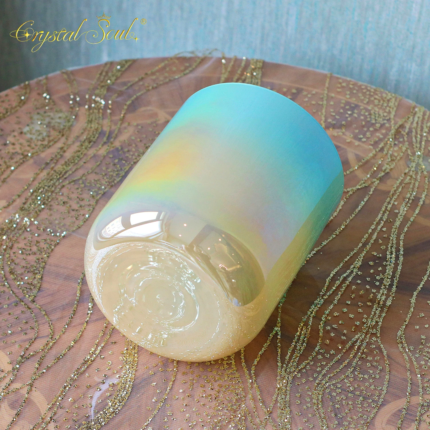 CrystalSoul 432Hz Creamy Yellow Sky Blue Gradient Alchemy Crystal Bowl with accessories