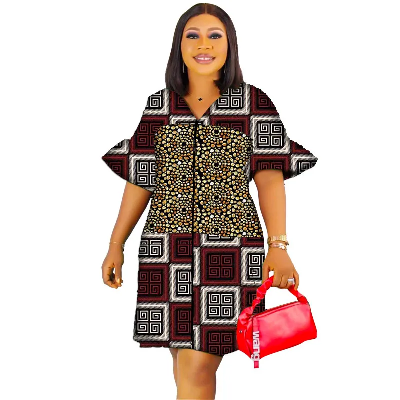 Traditional Handmade Custom V-Neck Dress African Fashion Colorful Print Zip Placket Design Pagoda Sleeve Women\'s Ankara Outfit