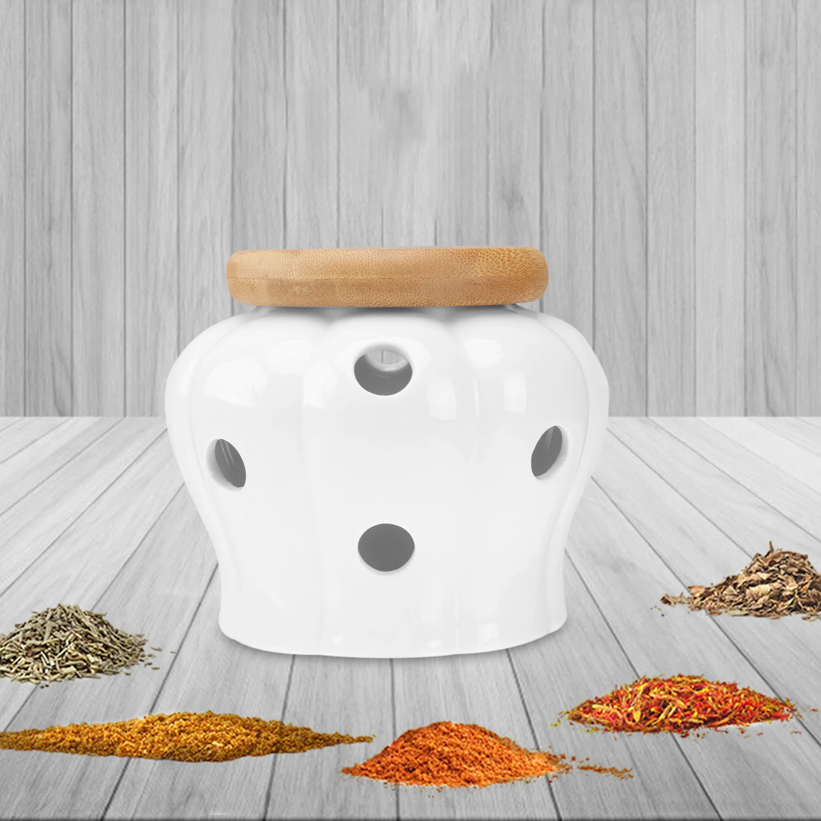 

Ceramic Garlic Jar Strengthen Porcelain Bamboo Lid 12 Air Vents Ventilation Anti-Sprouting Container For