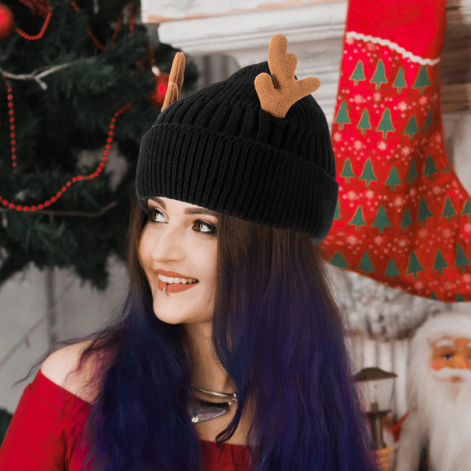 

1pc Christmas Knitted Warm Hat Winter Woolen Cap Soft Cozy Antlers Design Lightweight Knit Hat For Outdoor Indoor