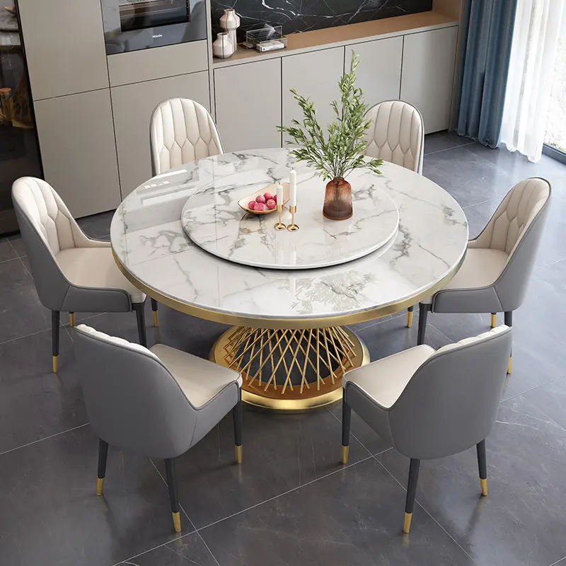 Juego de comedor de lujo con mesa redonda de mármol y 6 sillas modernas, mesa de comedor, sillas, muebles, base de acero inoxidable dorada