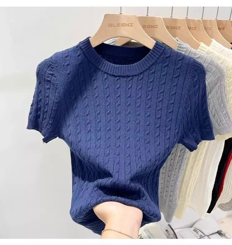Zjaiss 2026 Summer Korean Retro Elegant Texture Short Sleeve O-Neck Twist Knit Top Women Soft Casual Versatile Thin T-shirt