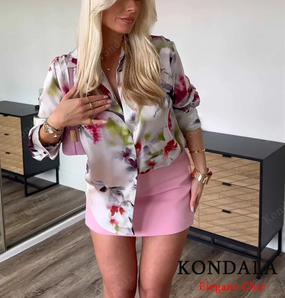 KONDALA 가을 여성 로맨틱 플라워 셔츠 프린트 새틴 버튼 셔츠 2025 봄 휴가 캐주얼 셔츠 우아한 여성 셔츠