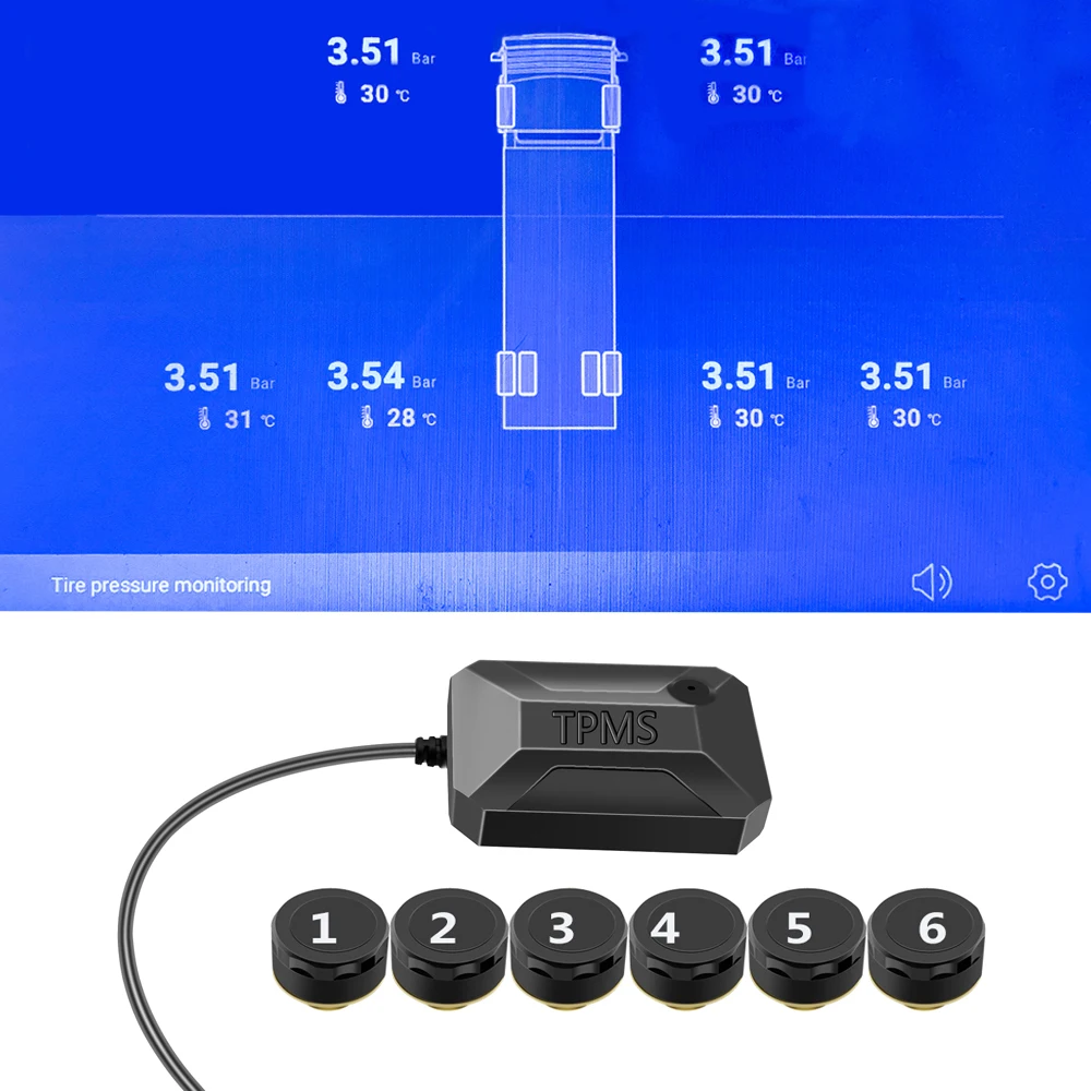 

Система контроля давления в шинах (TPMS) для авто/грузовиков/фургонов с USB, Android, поддержкой 4/6/8/10/12 колес, с внутренними/внешними датчиками и радио/DVD-плеером