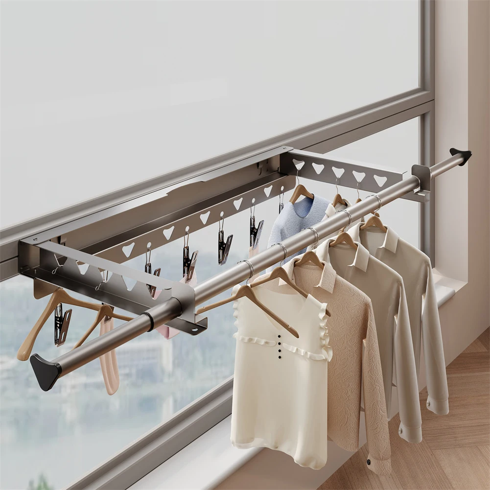 1 Stück einziehbarer Wäscheständer – unsichtbarer faltbarer Kleiderbügel mit 7 Clips für den Innenbereich im Balkon, Wäscherei-Organizer ohne Bohren – Detail 7