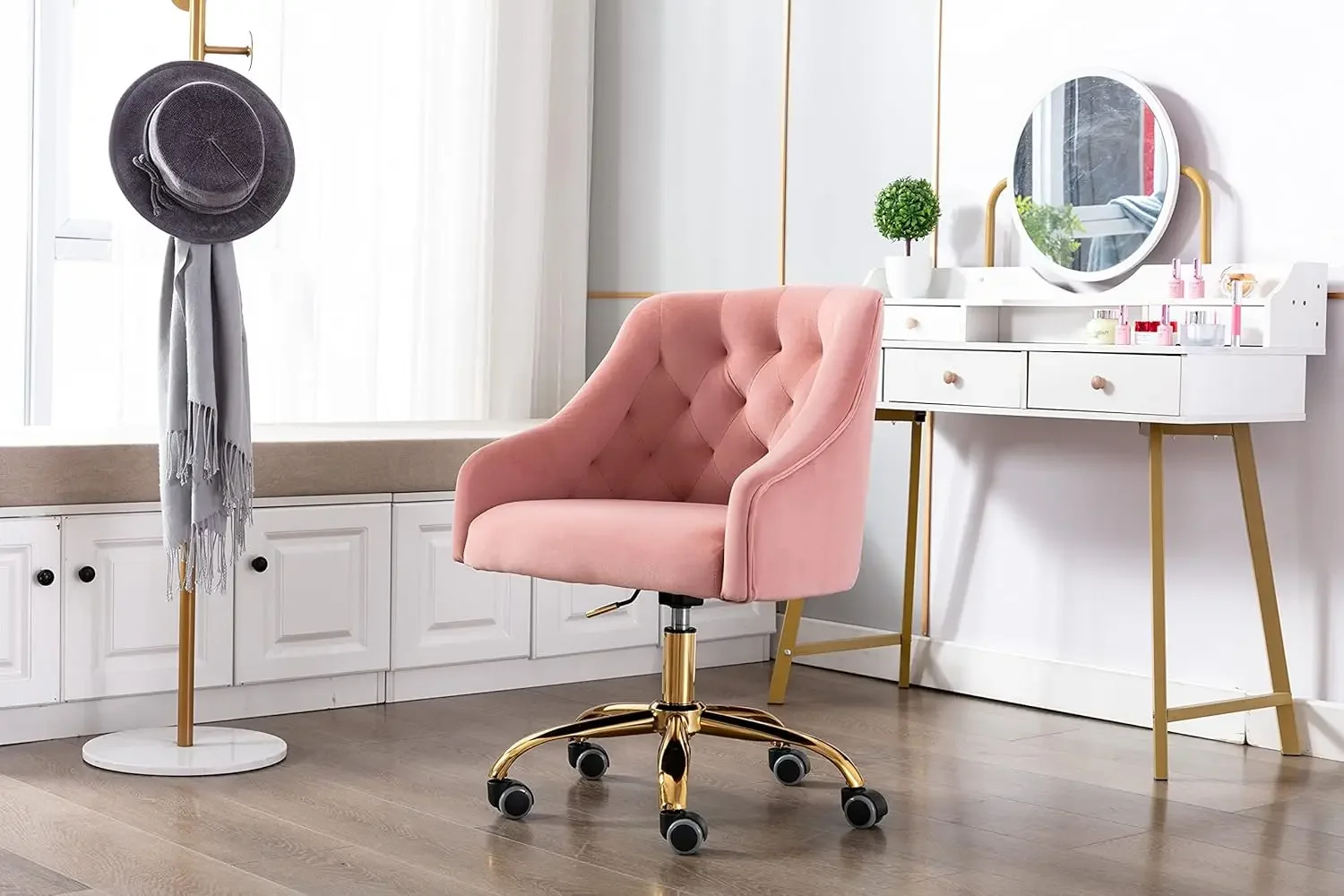 Comfy Home Office Task Chair with Wheels, Cute Modern Upholstered Velvet Seashell Back Adjustable Swivel Vanity Desk Chai