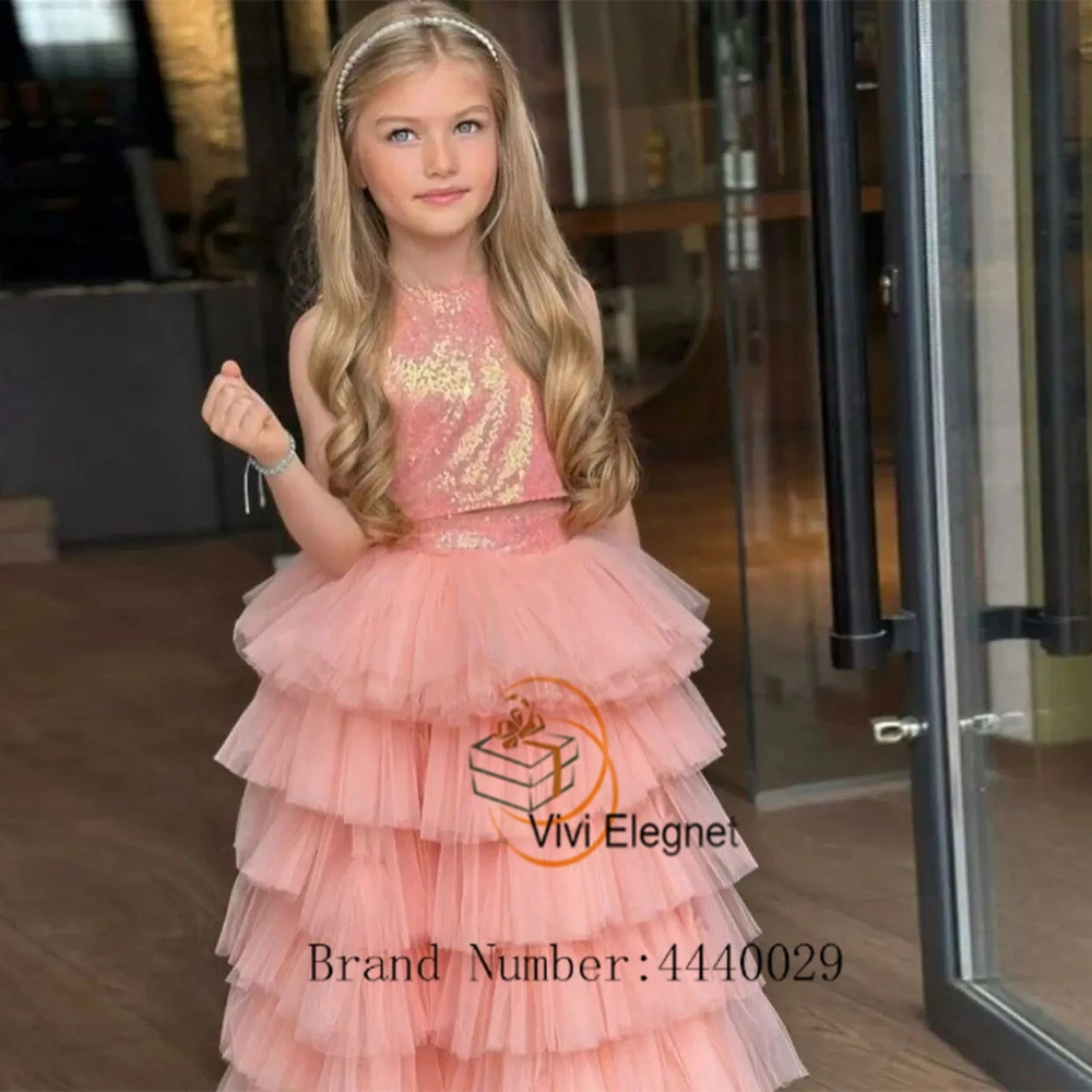 Cute Tiered Flower Girl Dresses for Girls 2023 Summer Sleeveless Sequined Scoop Christmas Gown Elegant فساتين للحفلات الراقصة