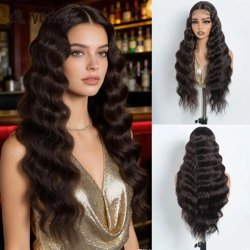 

Синтетический парик Noble с кружевной передней частью, 28 дюймов, темно-коричневый, с волнистым укладом, для женщин, высококачественный парик с кружевной передней частью