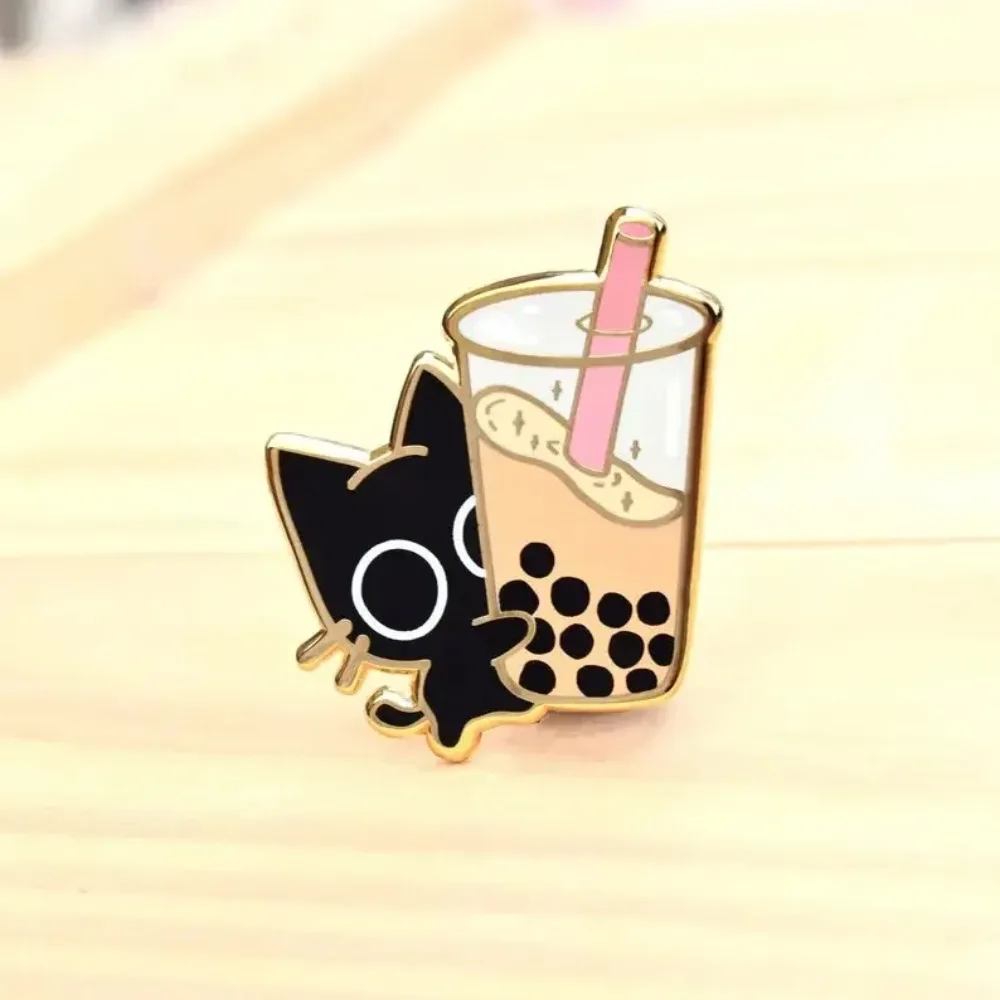 Boba Cat Enamel Pin // Black Cat, Kawaii Pin, Cute  Bubble Tea,   Pins, Sweets Badges Gifts for Kids Friends