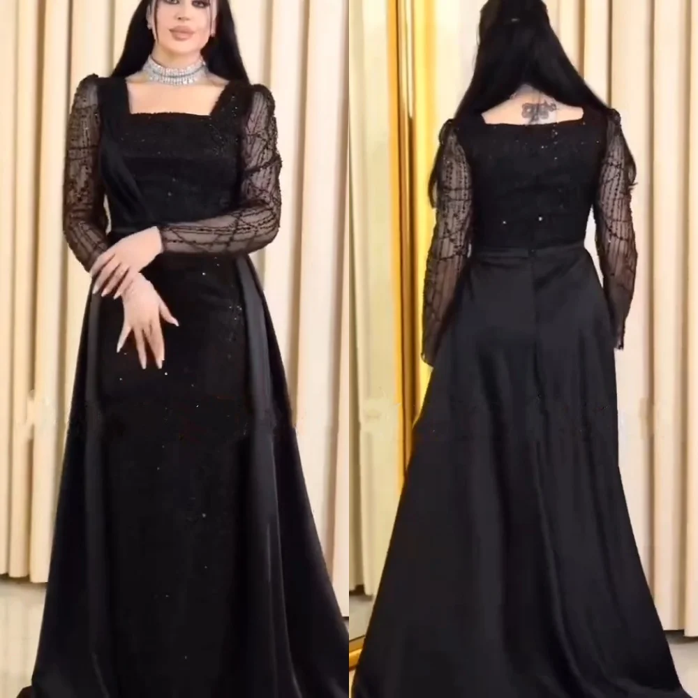 

Customized Elegant Exquisite Charmeuse Sequined Pleat A-line Square Neck Long Dresses Bespoke Occasion Sexy