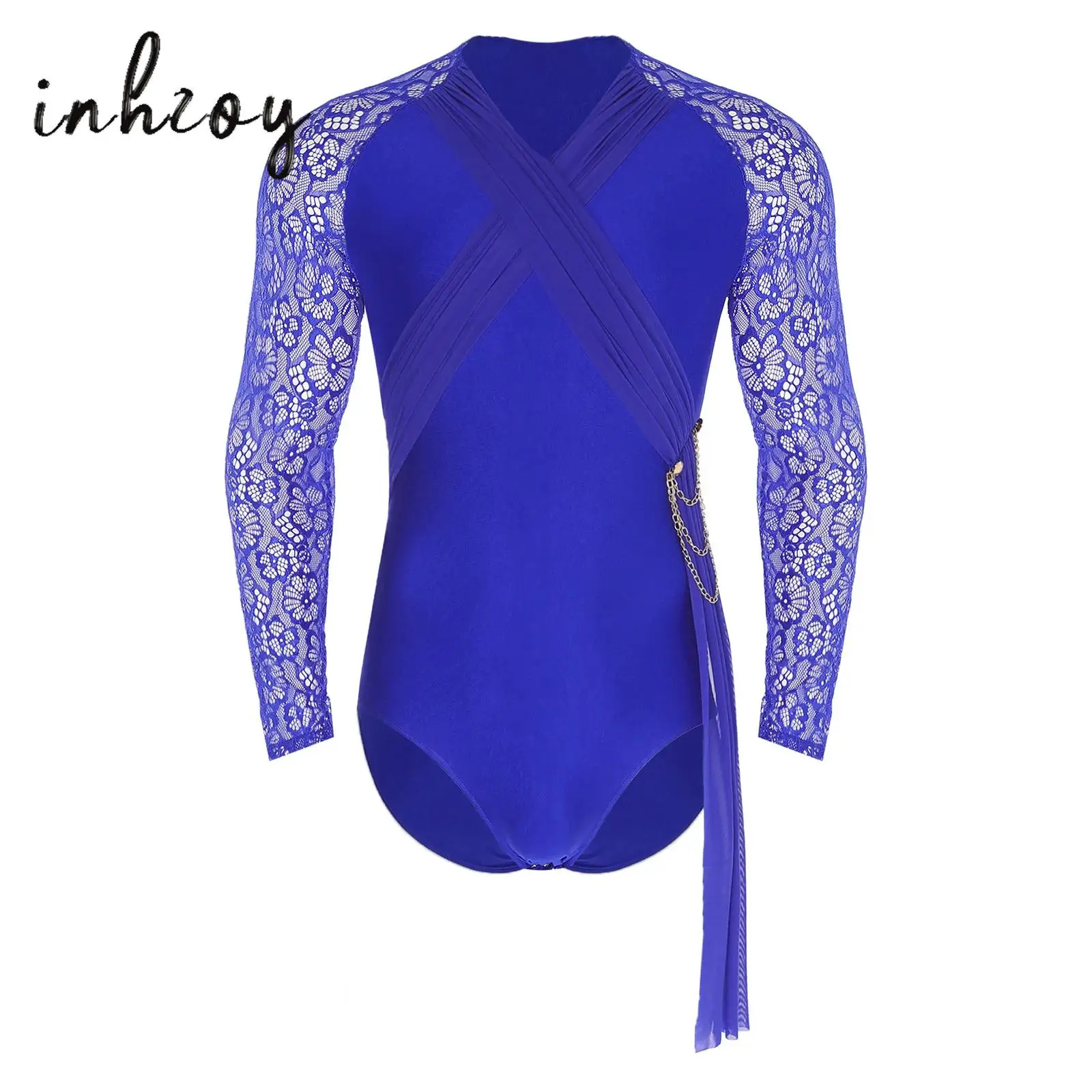 

Mens Latin Dance Leotard Sheer Floral Lace Long Sleeve Ruched Mesh Drape Chain Openable Crotch Bodysuit for Ballet Gymnastics