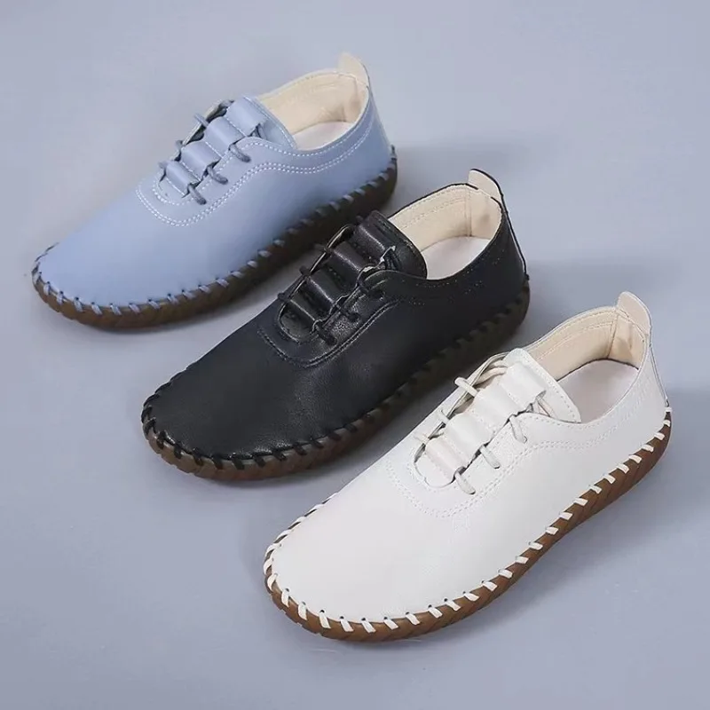 

Women's Light Blue Leather Lace Up Casual Flat Shoes Stitched Sole Soft Comfortable Walking Shoes Daily Wear All Season Footwear