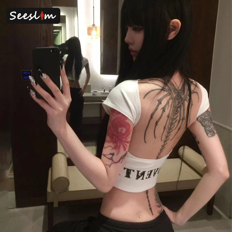 Seeslim Hotsweet Backless Graphic T Shirts Short Sleeve Print Letter Summer Tops Slim 2000s Clothes Y2k Tees Female Clothing