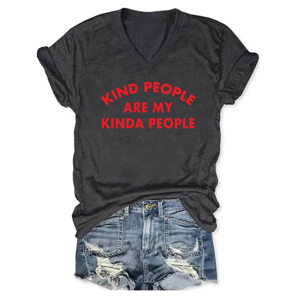 Rheaclots Women's Kind People Are My Kinda People Printed V-neck Short Sleeve T-Shirt