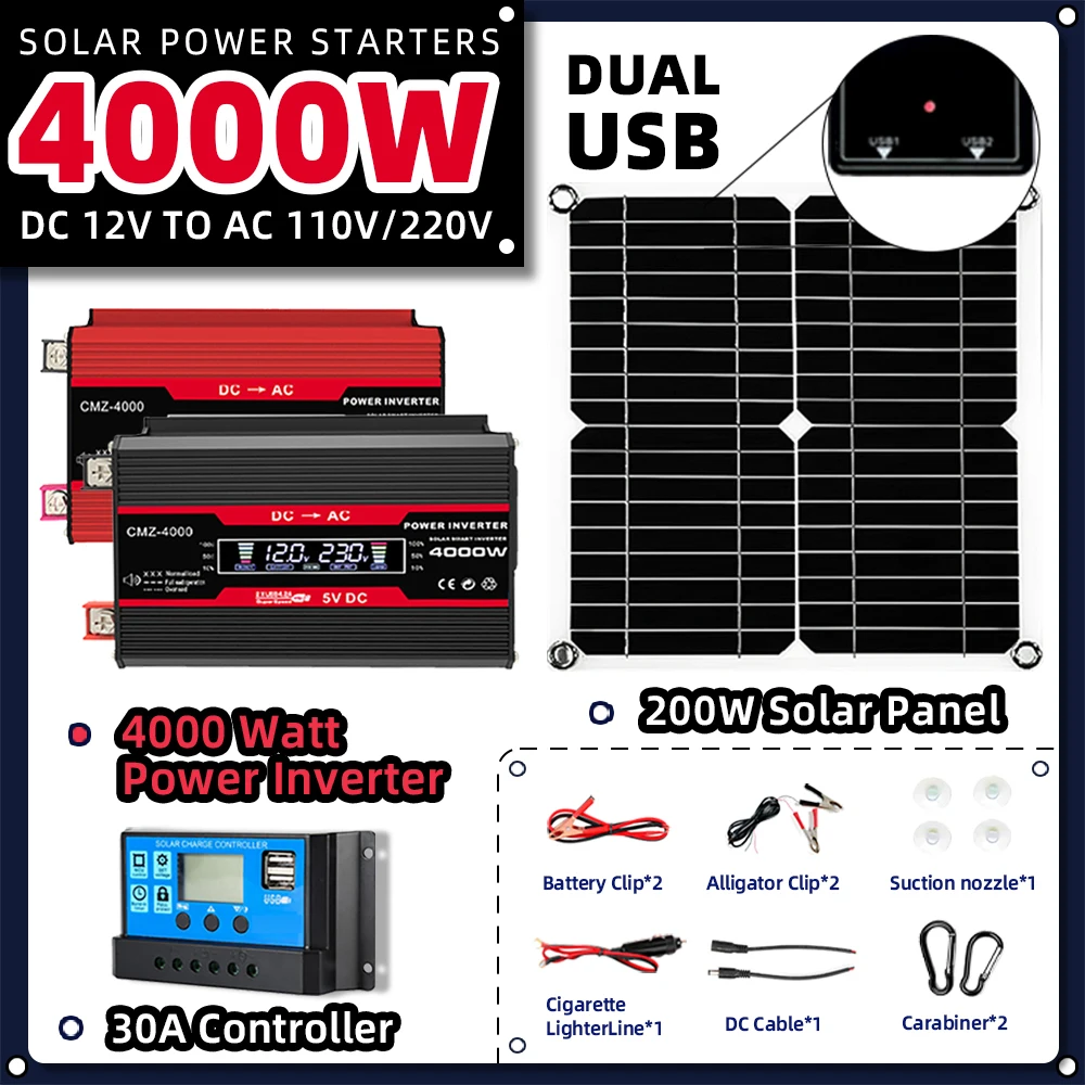 Soalr Kit Power Generation Combo 4000w Inverter 200w solar panel 220v full set for house 30a Controller 12v-220v110v Camping