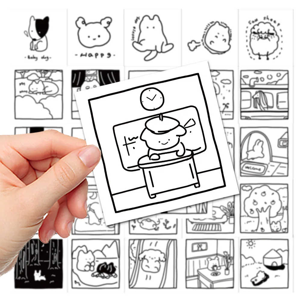 10/30/40pcs Simple Black White Cartoon Stickers Cute Picture Animal Decals For Kids DIY Phone Notebook Fridge Laptop Toys Gift