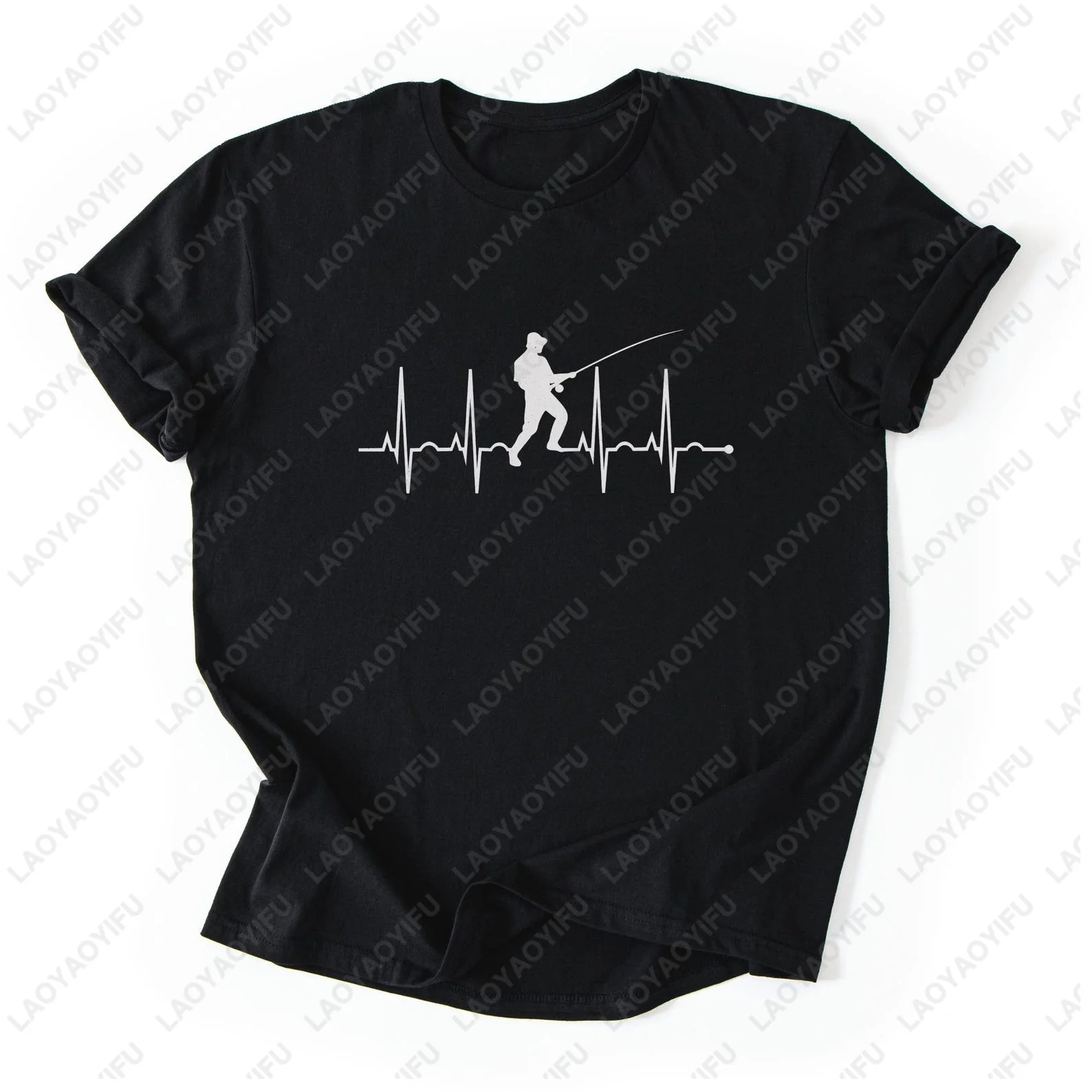 Funny Fishing Heartbeat Graphic Printed T Shirt Minimalism Style Casual Fashion Loose Man Tshirt Cotton Summer Women Clothing