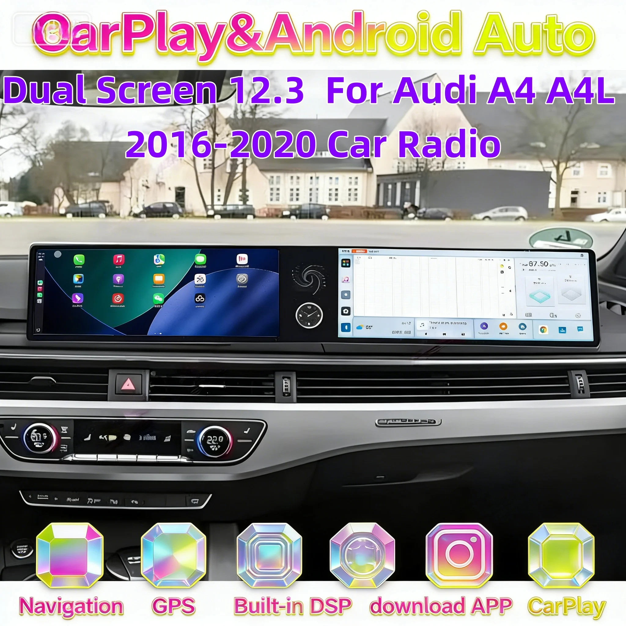 

12.3'' Android 13 беспроводной сенсорный экран с поддержкой Carplay для Audi A4 A4L 2016-2020, автомобильная стереосистема, мультимедийный проигрыватель, Wi-Fi, 4G, GPS, навигация