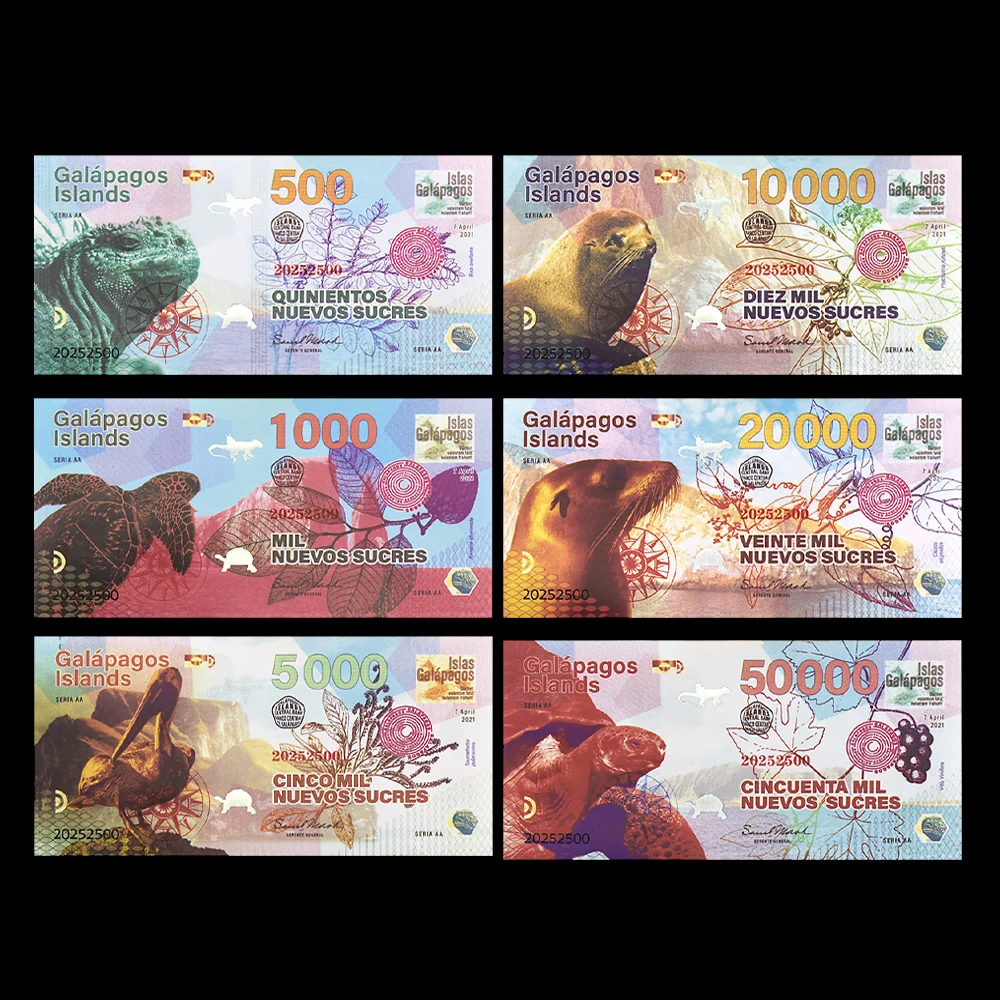 Conjunto de moneda conmemorativa de las Islas Galapagos, dinero en papel con diseño de animales vibrantes, paquete de coleccionista de 6 notas para amantes de los recuerdos