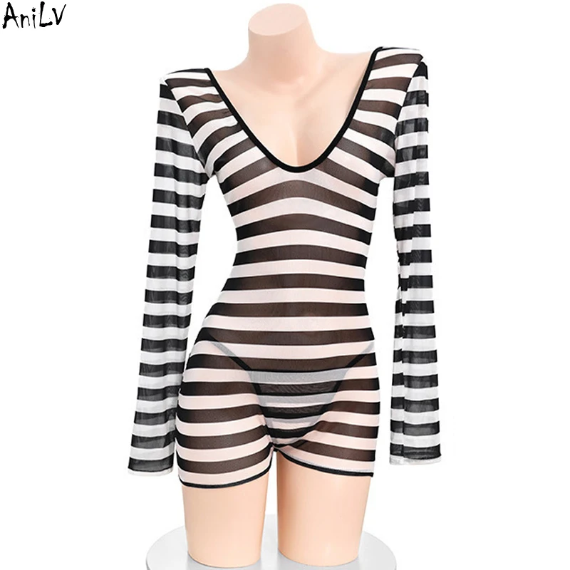 

AniLV Prison Female Prisoner Uniform Sexy Lingerie Women Black White Stripe Bodysuit Secret Pajamas Erotic Costumes