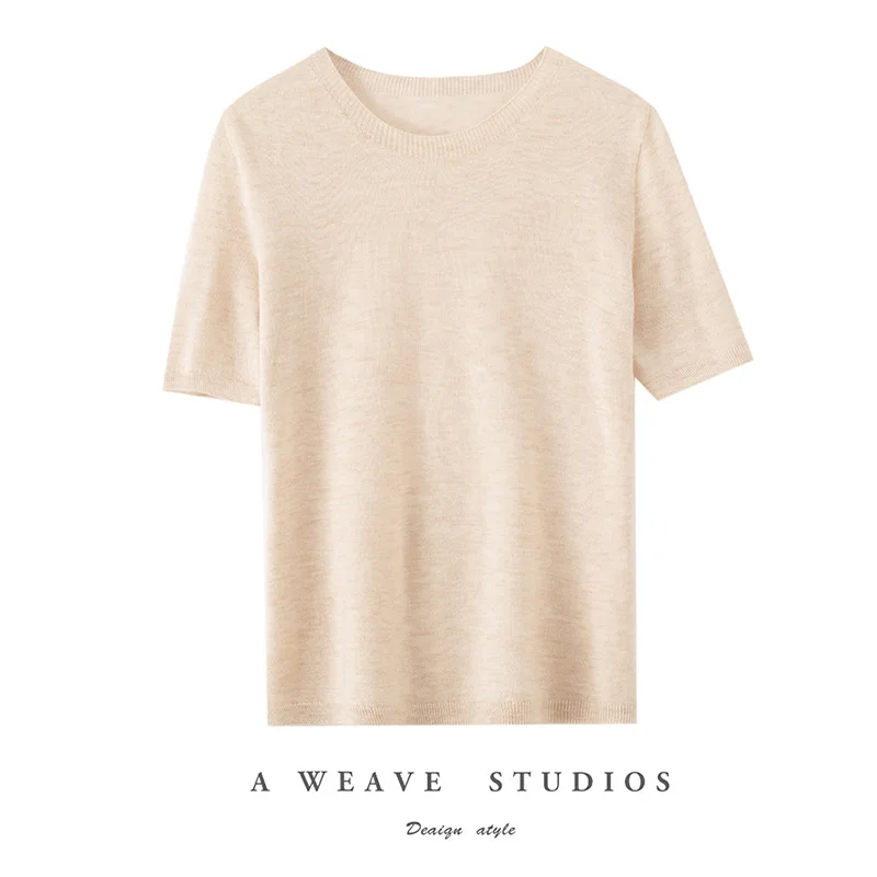 

Новая летняя женская тонкая вязаная футболка из шерсти с коротким рукавом и круглым вырезом, базовый свитер-пуловер с рукавом до локтя