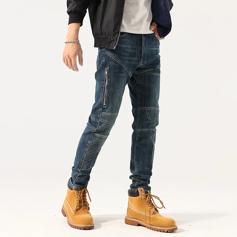 Streetwear Fashion Men Jeans Retro Blue Stretch Slim Fit Spliced Designer Biker Jeans Homme Hip Hop Pants Men Patched Trousers