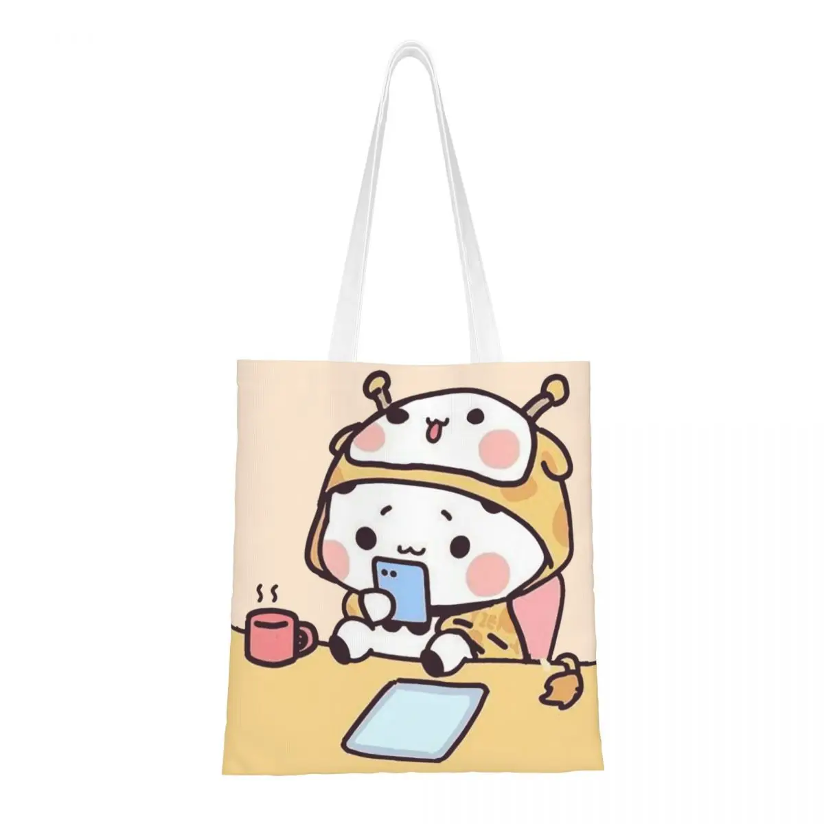 Panda And Brownie Bear Couple Canvas Tote Handbag Mochi Cat Shoulder Bags Large Capacity Shopping Bags for Unisex